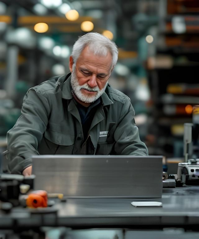 Marcelo junto a una mesa de inspección en la planta, revisando una muestra de aluminio con gesto concentrado