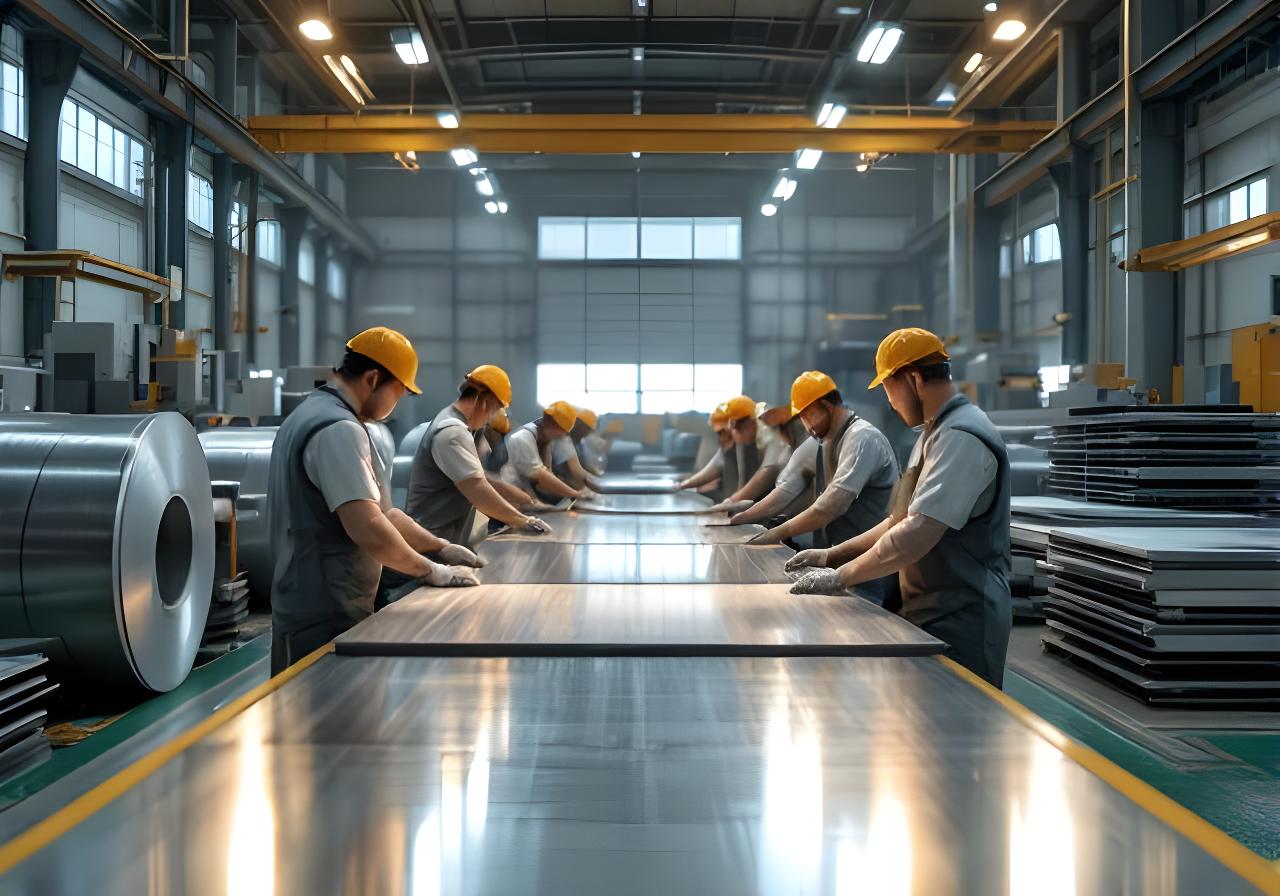 Operarios revisando láminas de aluminio en una planta luminosa de Goya, con bobinas y herramientas ordenadas