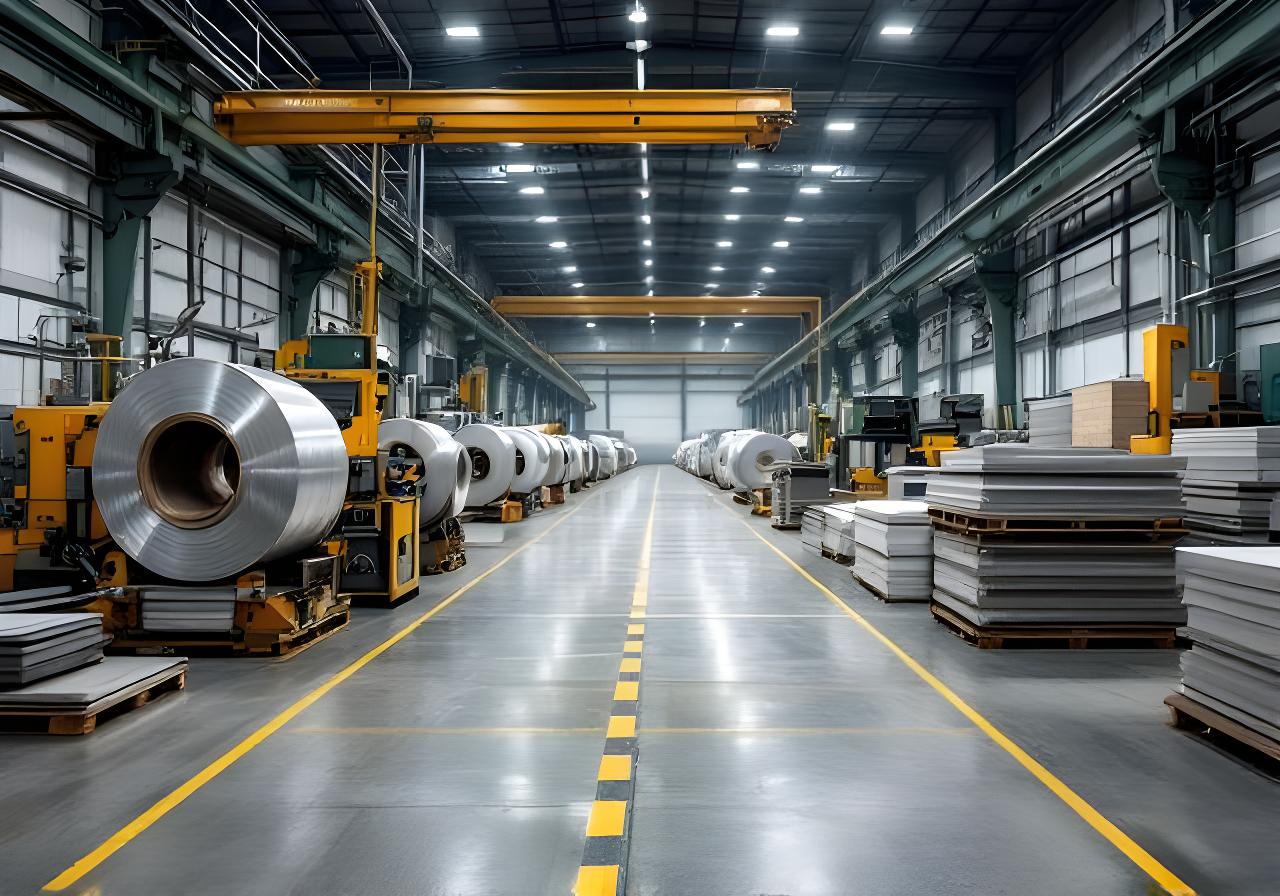 Planta de aluminio con bobinas, chapas y equipos de laminado en un entorno industrial ordenado